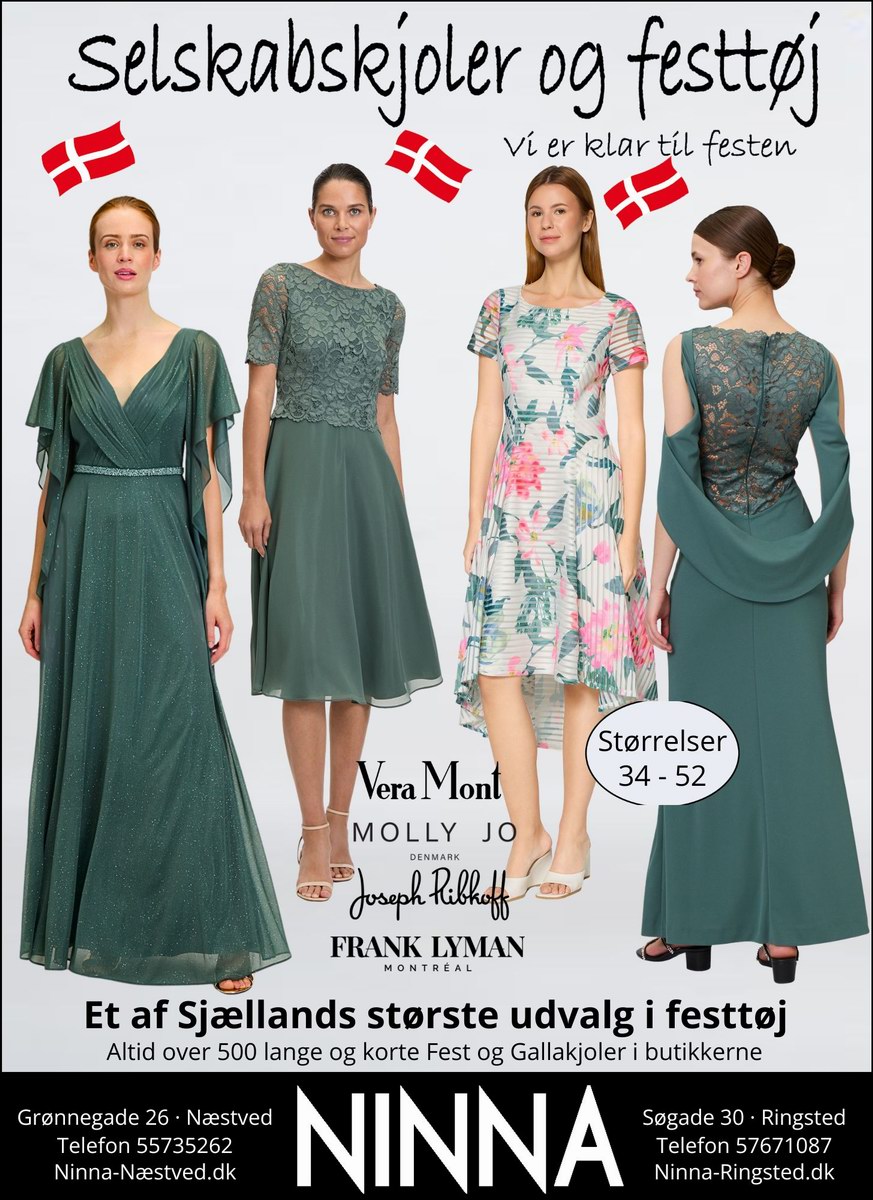 Oplev det store udvalg af festtøj hos NINNA i Ringsted.  Lange og korte kjoler og andet festtøj til forårets og sommerens mange fester