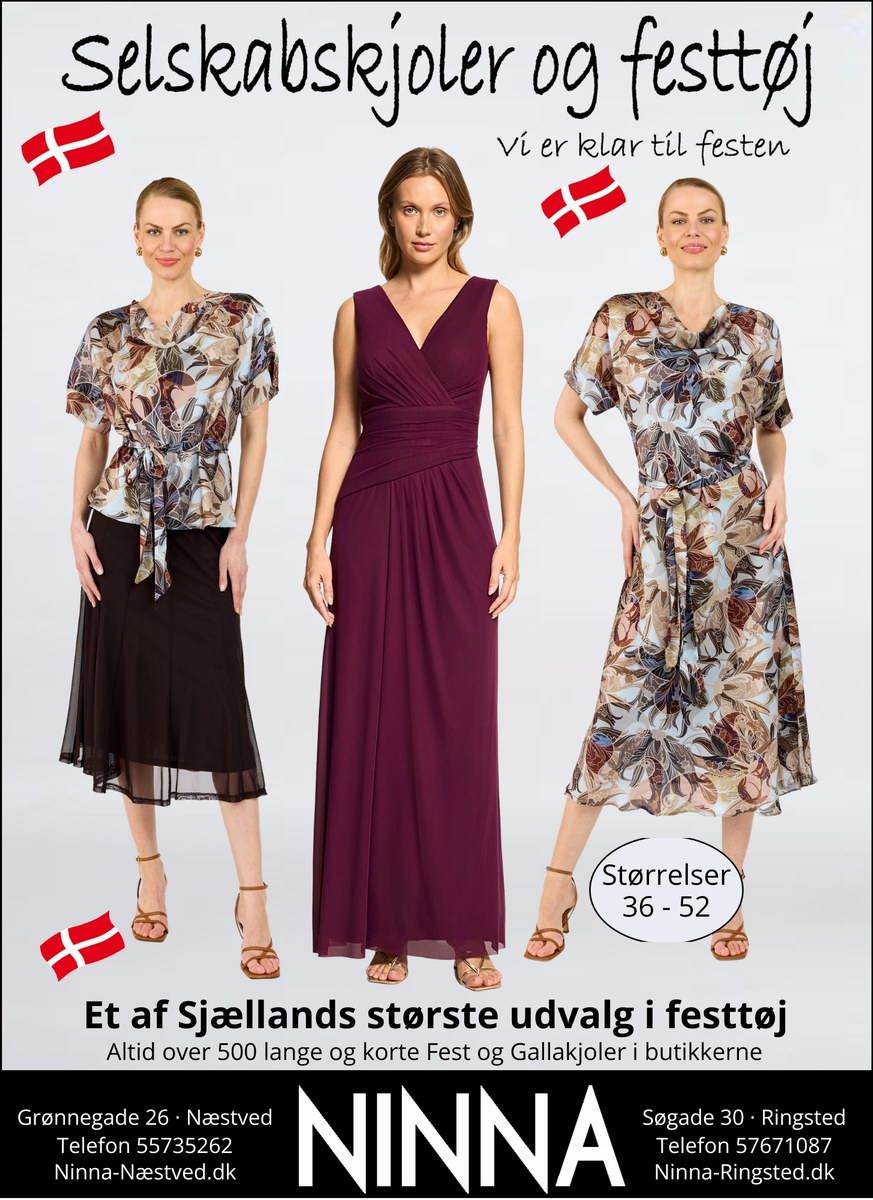 Oplev det store udvalg af festtøj hos NINNA i Ringsted.  Lange og korte kjoler og andet festtøj til sommerens og efterårets mange fester